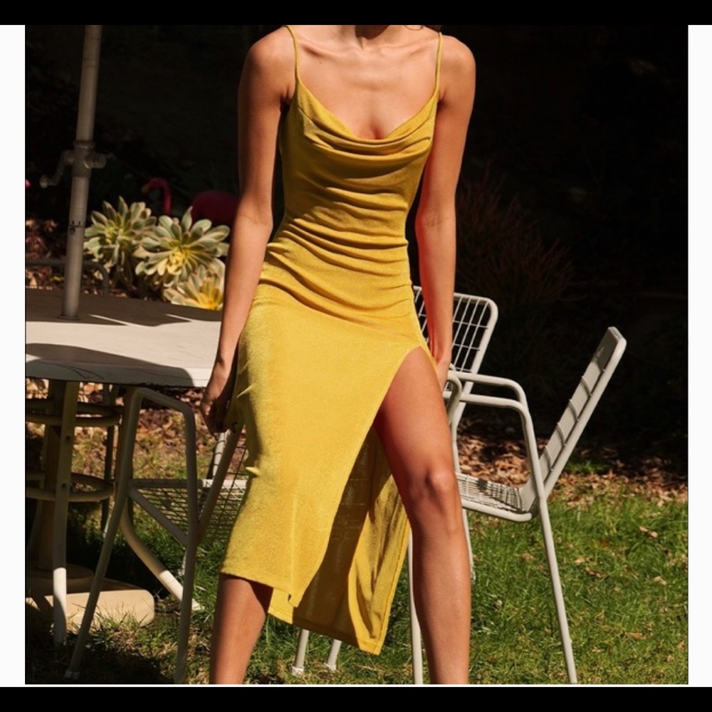 Slinky butterscotch open back midi dress